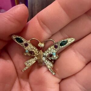 Gold Butterfly Crystal Brooch with Green and Purple Stones